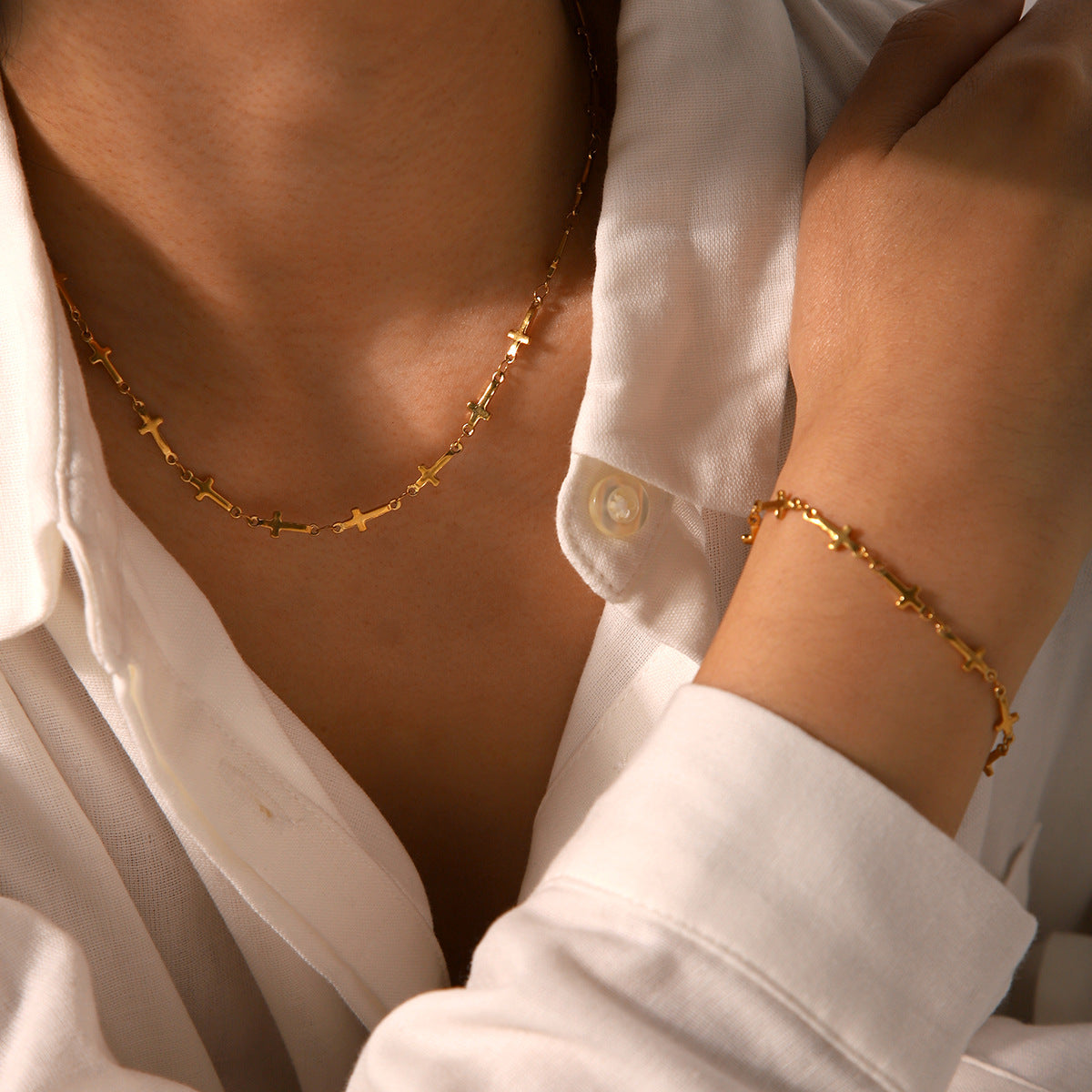 Gold Cross Chain Necklace & Bracelet