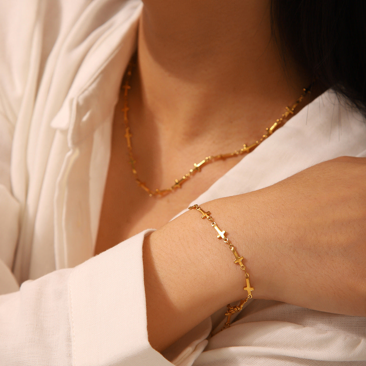 Gold Cross Chain Necklace & Bracelet