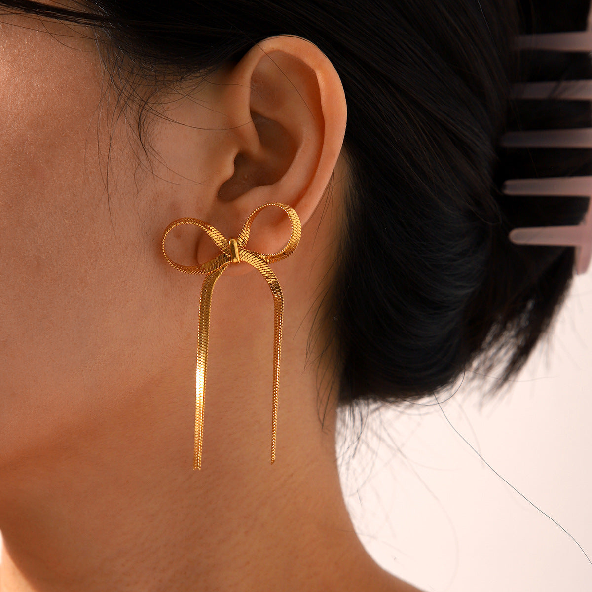 Gold Snake Chain Bow Earrings