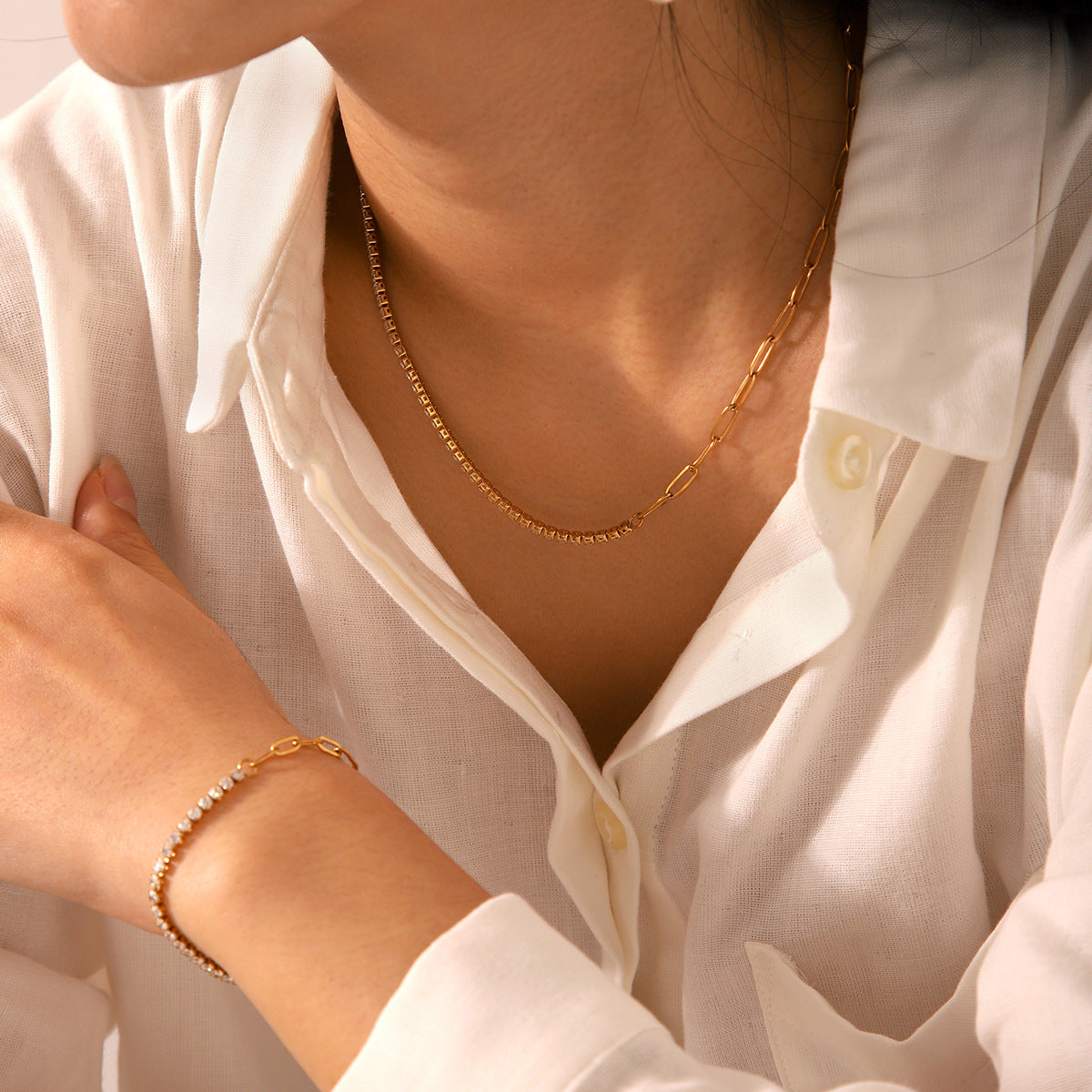 Gold Zircon & Link Chain Bracelet