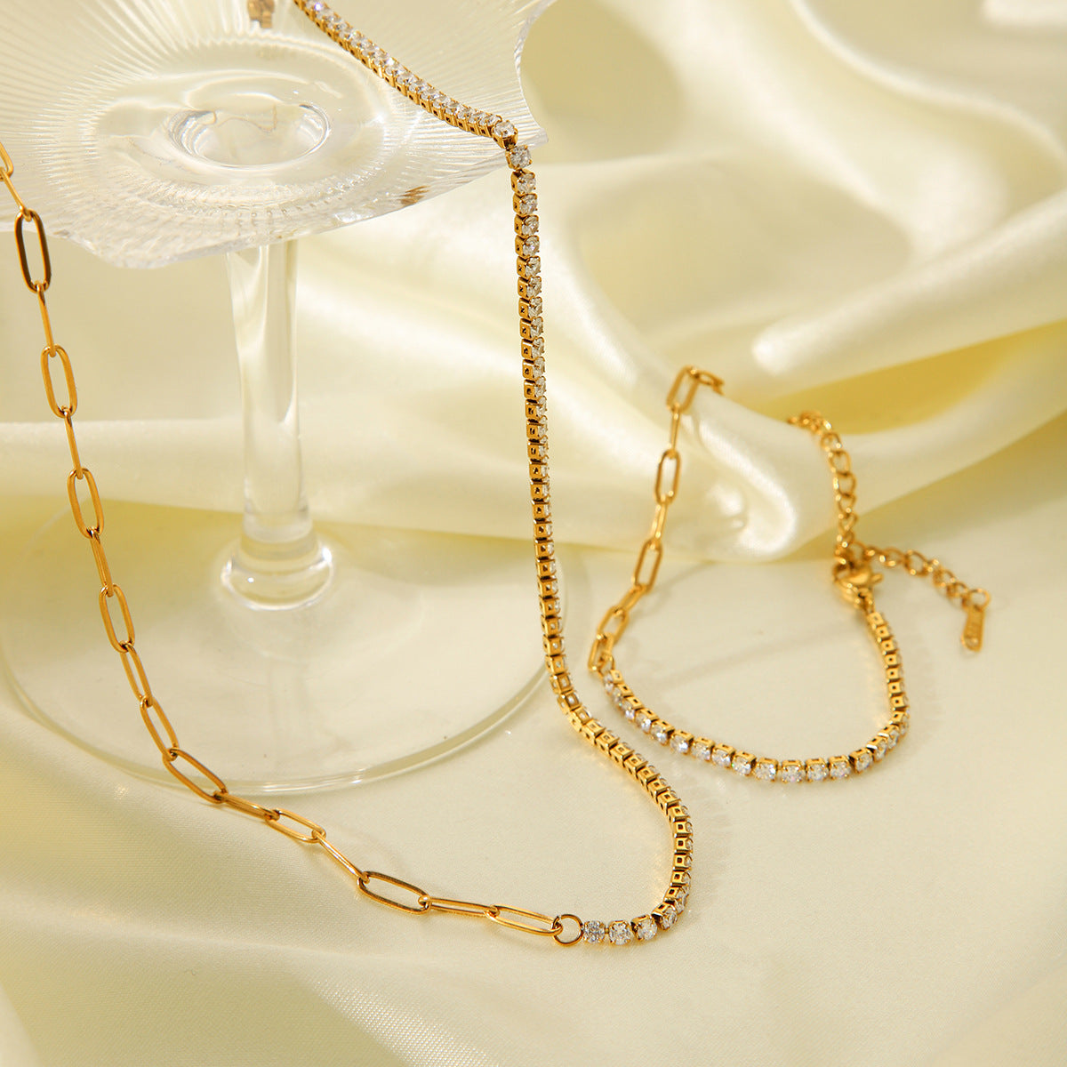 Gold Zircon & Link Chain Bracelet