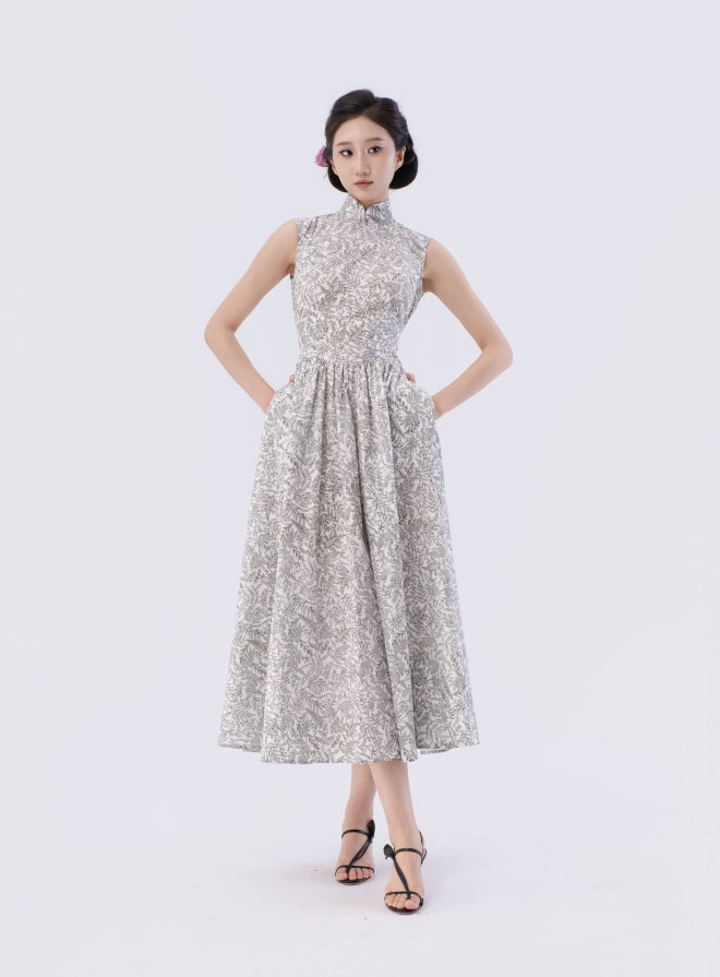 Tie-Front Fitted Waist Flared Tea-Length Qipao