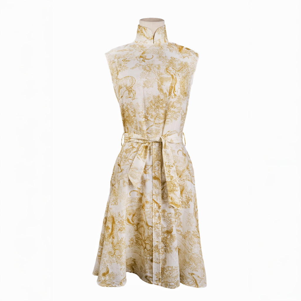 Lace-Up Yoke Waist A-Line Above-Knee Qipao