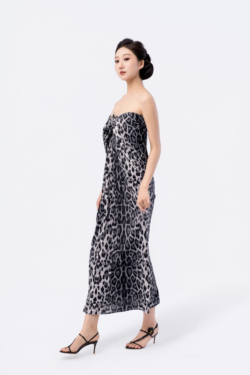 Tied-Shoulder Puff Sleeve Tea-Length Dress