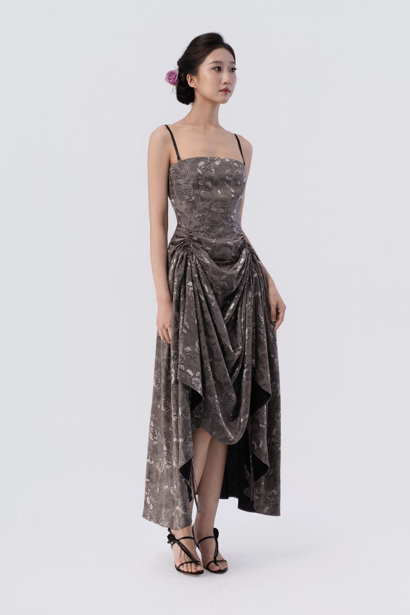 Self-Adjustable Double-Side Gathered Tea-Length Dress