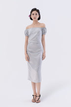 Puff Sleeve Asymmetric Gathered Bias-Cut Midi Dress