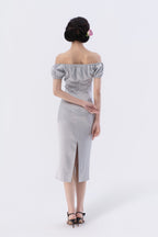 Puff Sleeve Asymmetric Gathered Bias-Cut Midi Dress
