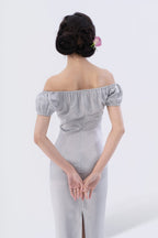 Puff Sleeve Asymmetric Gathered Bias-Cut Midi Dress