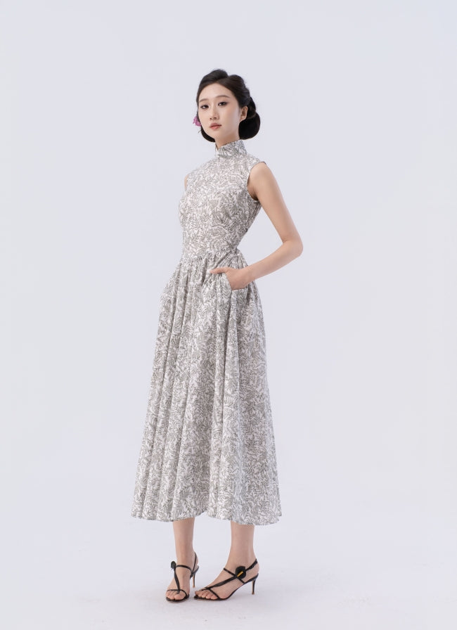 Tie-Front Fitted Waist Flared Tea-Length Qipao