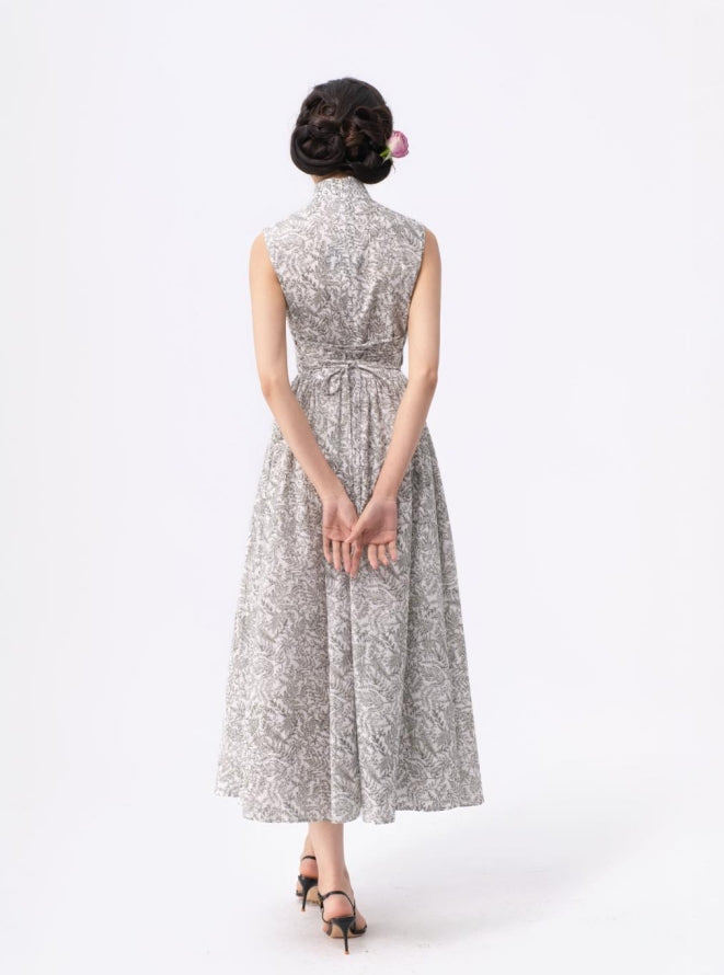 Tie-Front Fitted Waist Flared Tea-Length Qipao