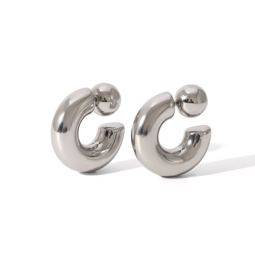 Chunky Ball Open Hoop Earrings – Silver-Tone Stainless Steel Statement Hoops