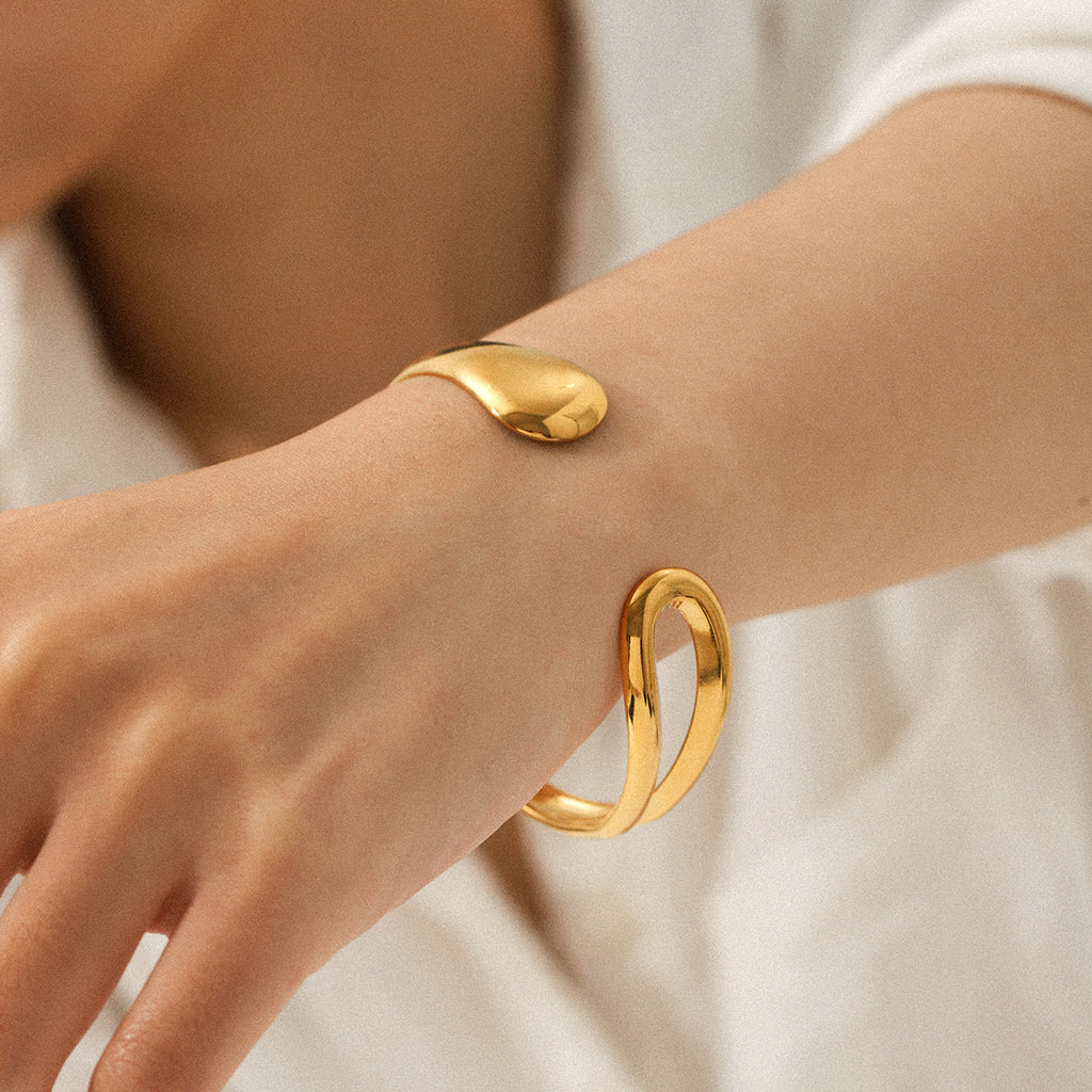 Asymmetrical Water Drop Cuff Bracelet – 18K Gold Plated Open Stainless Steel Bangle