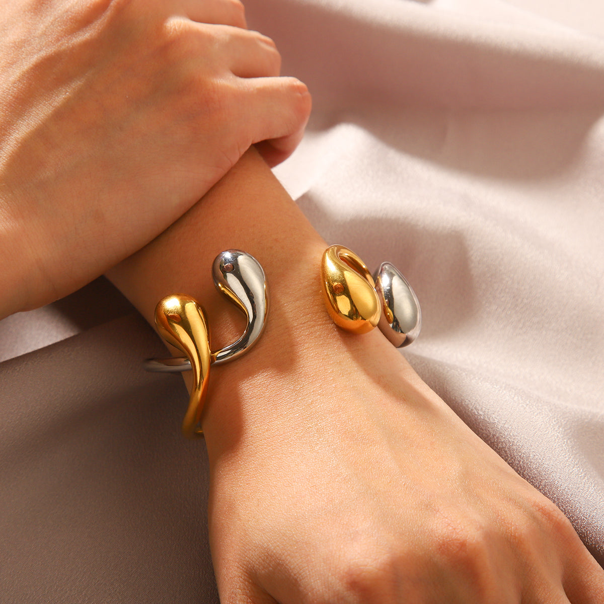 WaterDrop designer Open Cuff Bracelet – 18K Gold & Silver Statement Bangle