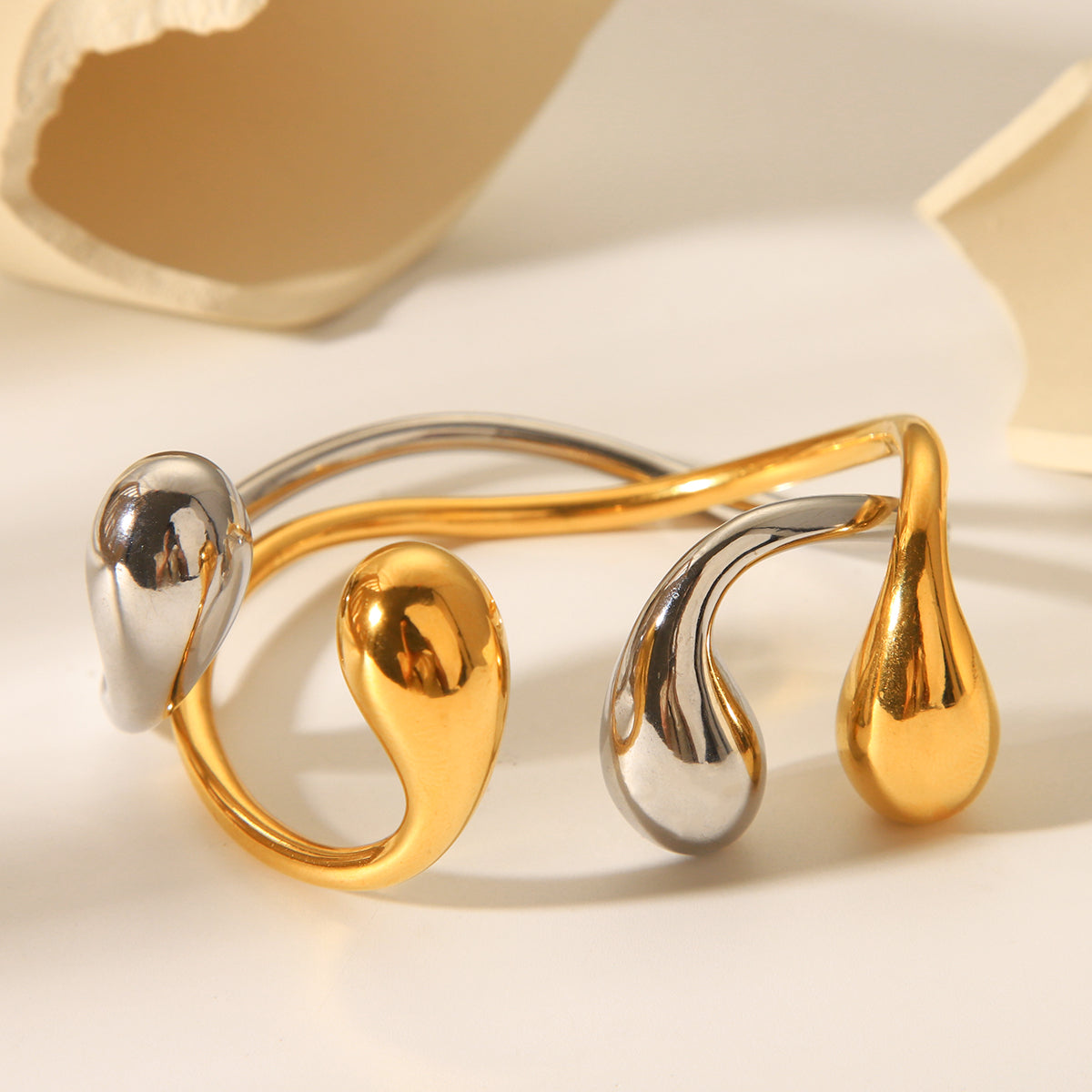 WaterDrop designer Open Cuff Bracelet – 18K Gold & Silver Statement Bangle