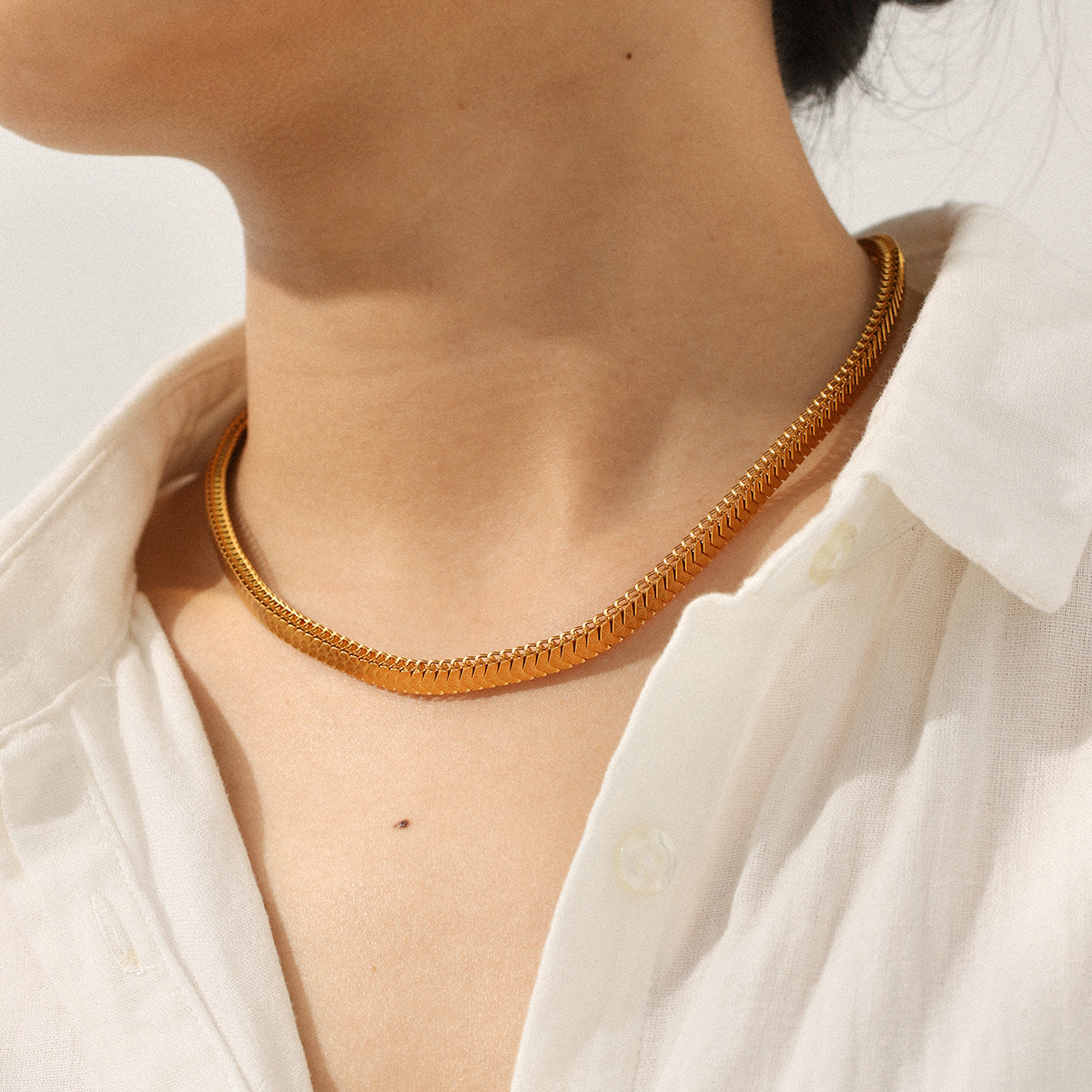 Gold Flat Snake Chain Necklace – 18K Gold Plated Stainless Steel Choker
