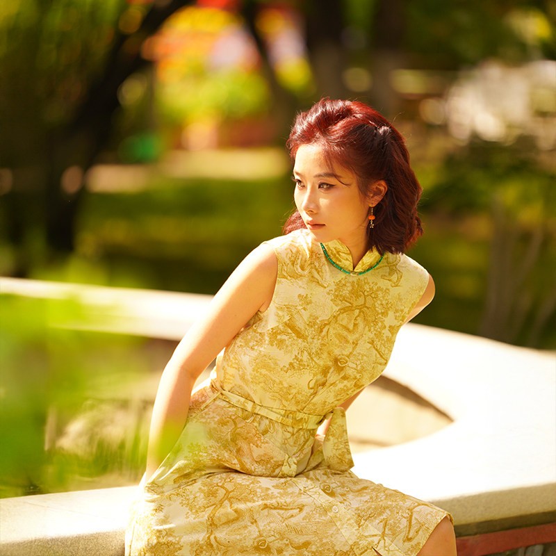 Lace-Up Yoke Waist A-Line Above-Knee Qipao