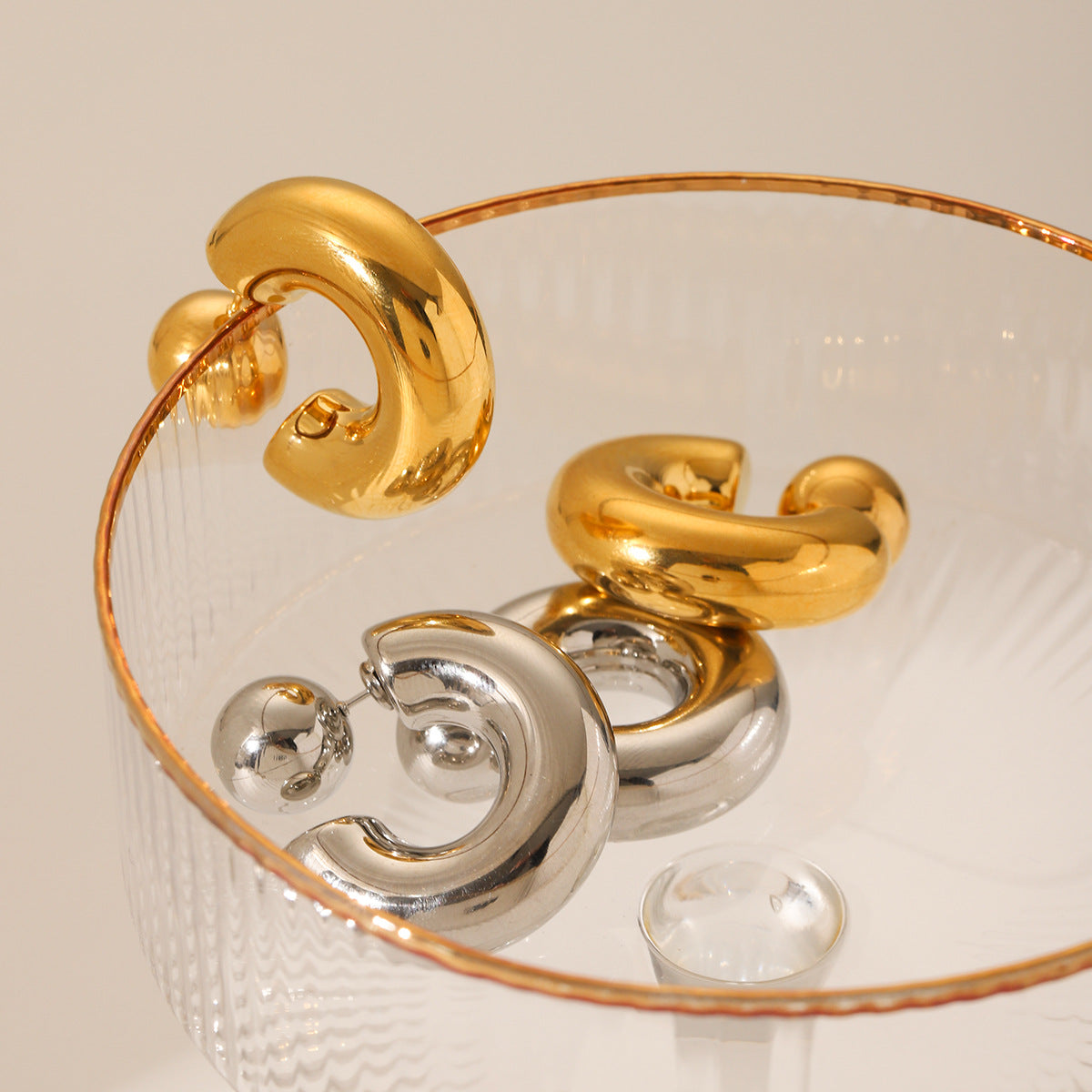 Chunky Ball Open Hoop Earrings – Silver-Tone Stainless Steel Statement Hoops