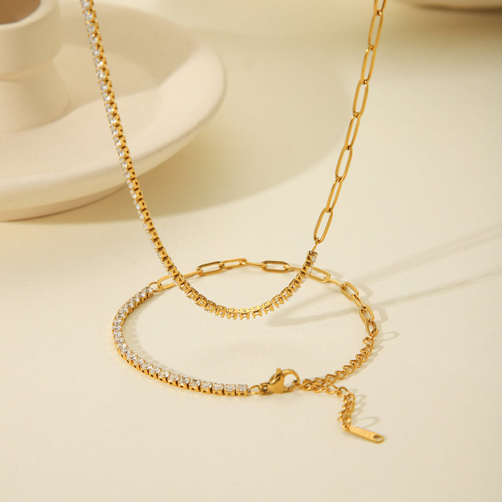 18K Plated Gold Layered Tennis & Link Chain Necklace