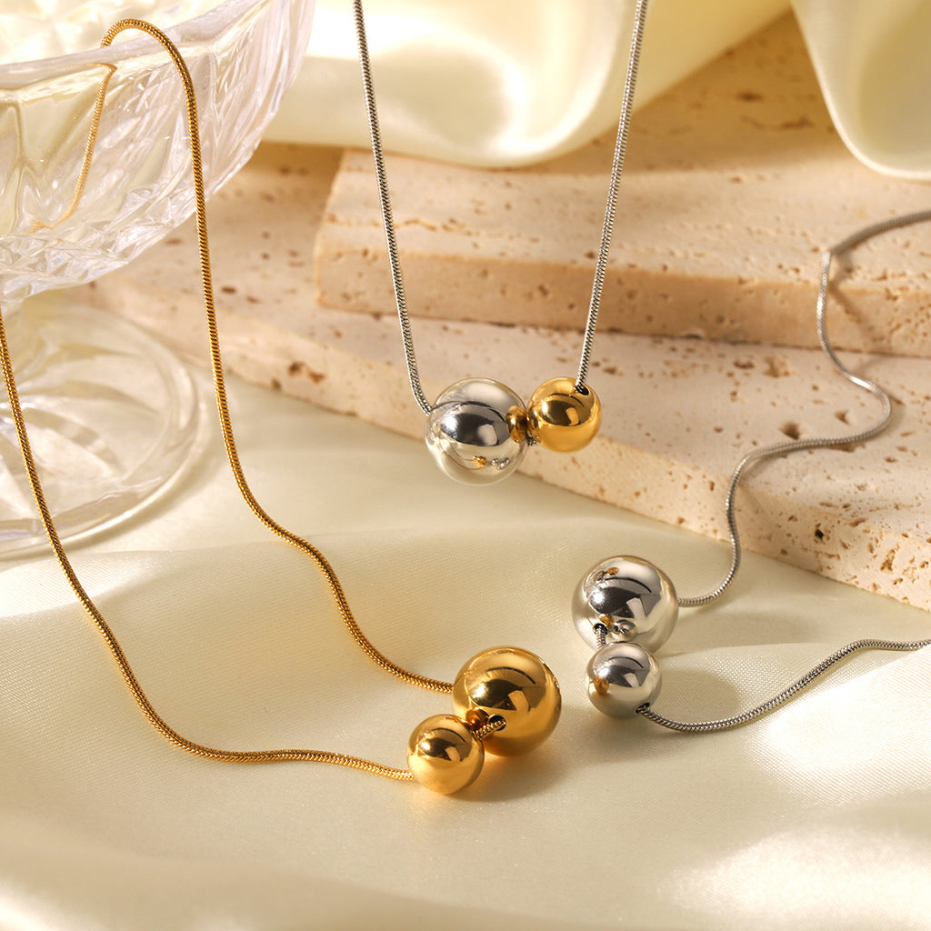 Dual Ball Pendant Necklace – Minimalist Snake Chain