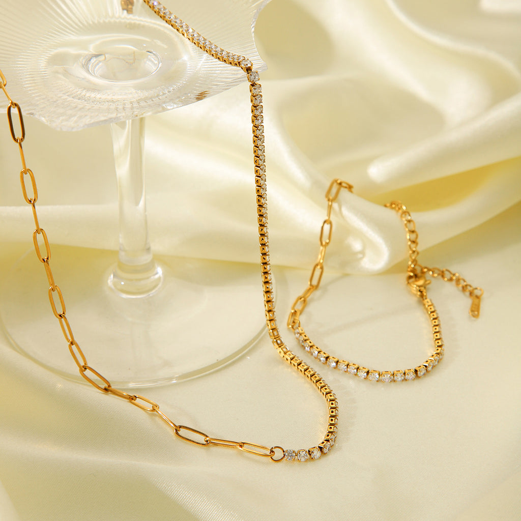 Gold Zircon & Link Chain Bracelet