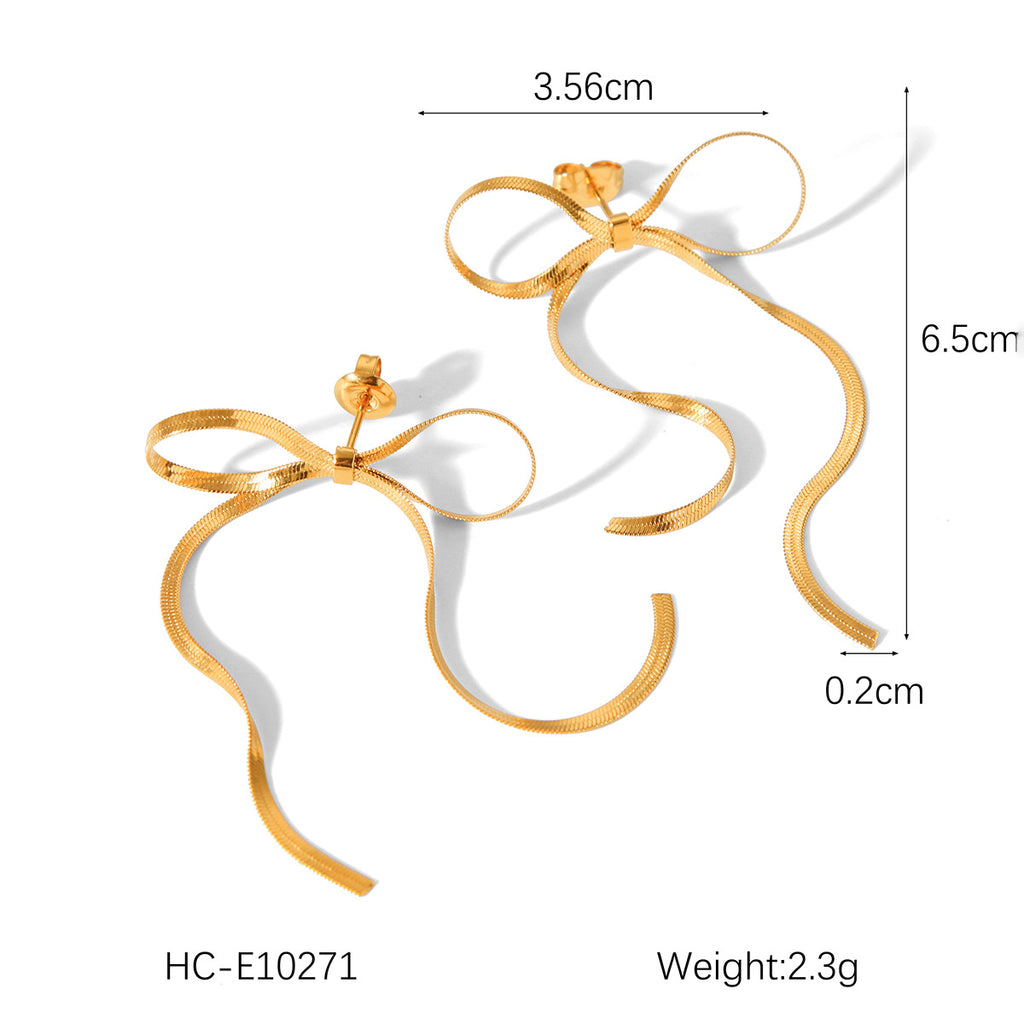 Gold Bow Statement Earrings – 18K Plated Snake Chain Stud Collection